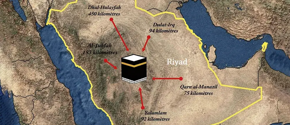 Pilgrims preparing for Umrah near Miqat boundary, showing importance of entering Ihram before crossing Miqat