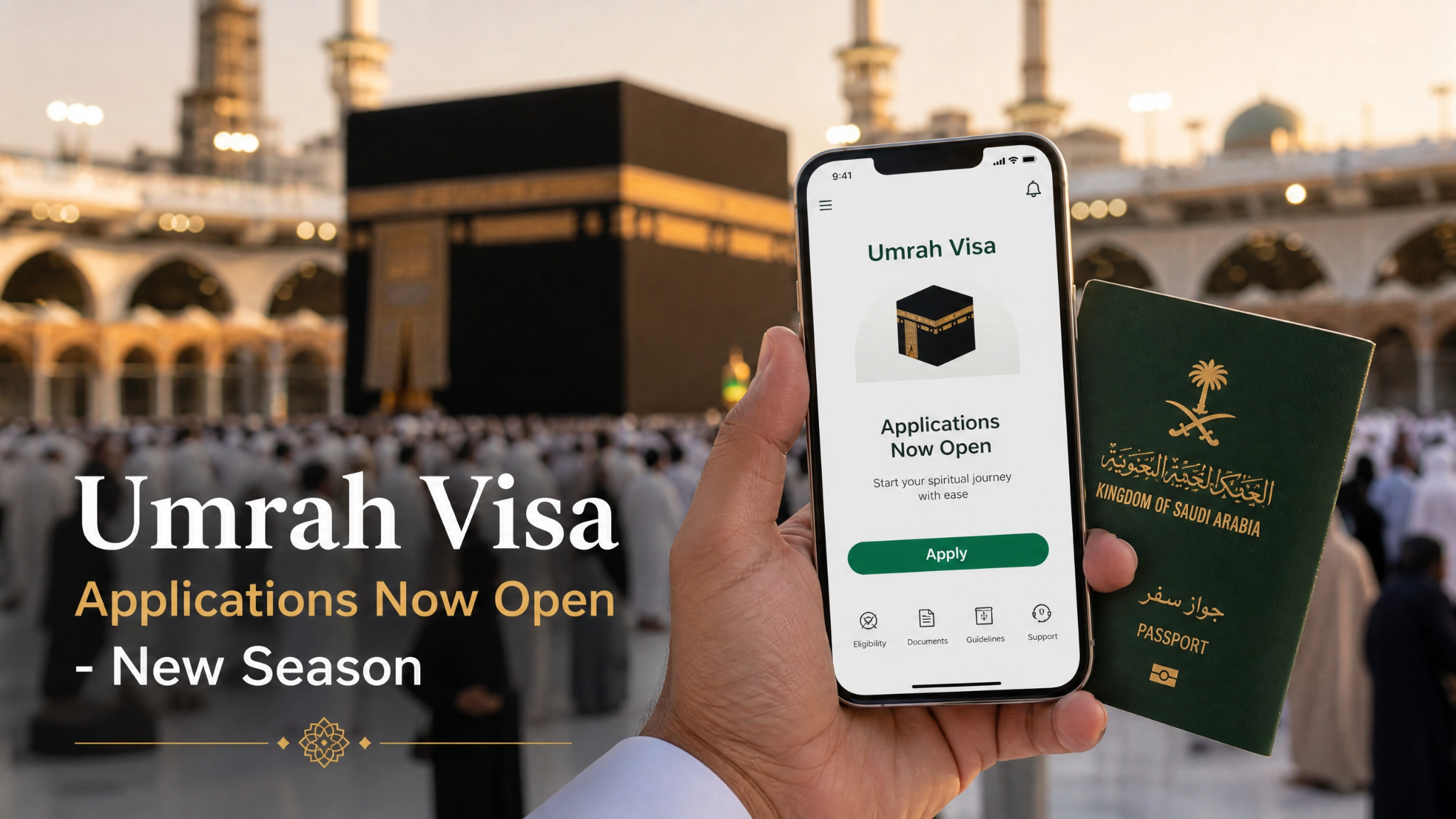 Australian pilgrims preparing documents for Umrah visa application with passport, travel forms, and Saudi Arabia background